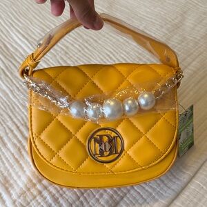 Badgley Mischka Vegan Leather Yellow Quilted Handbag with Pearl Chain